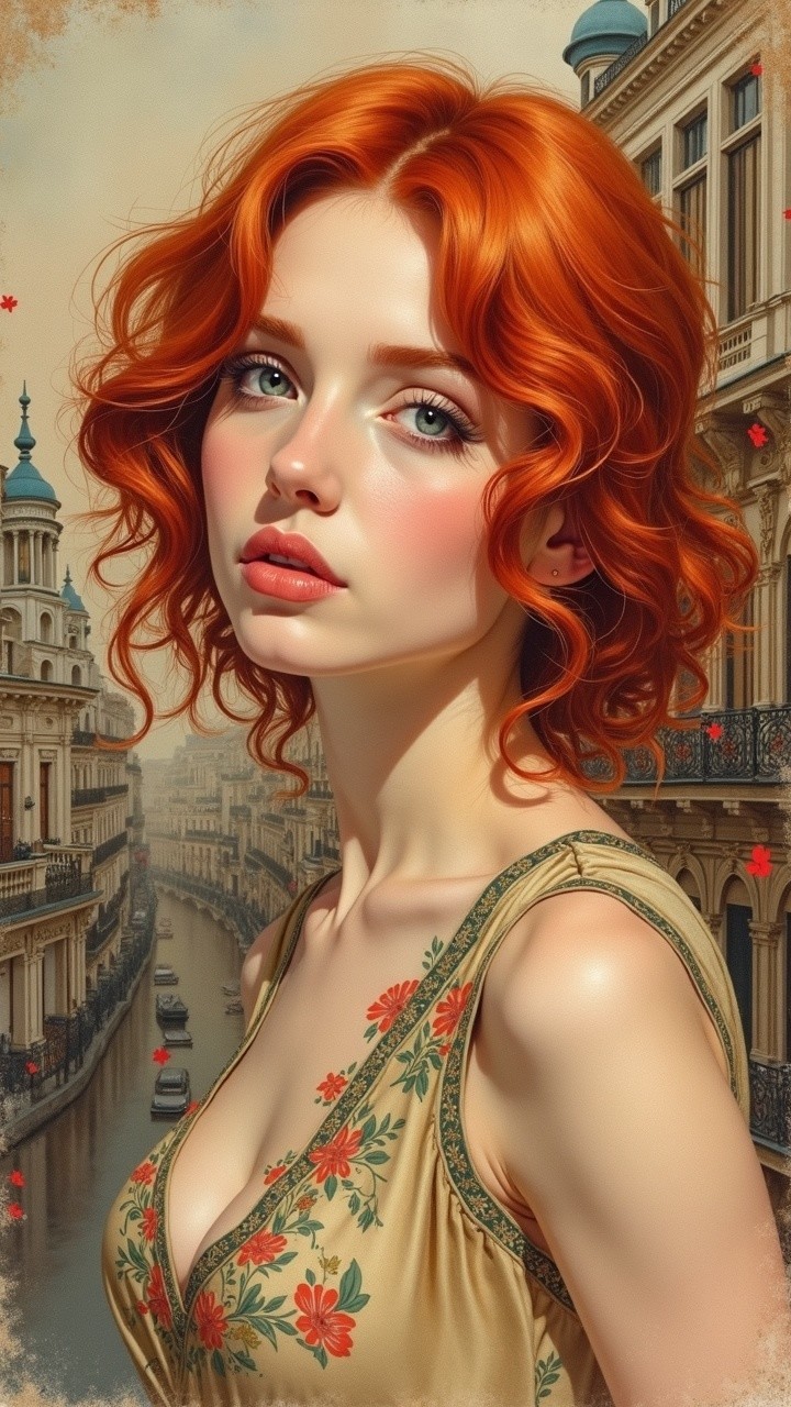 Young woman with red hair in floral dress by cityscape