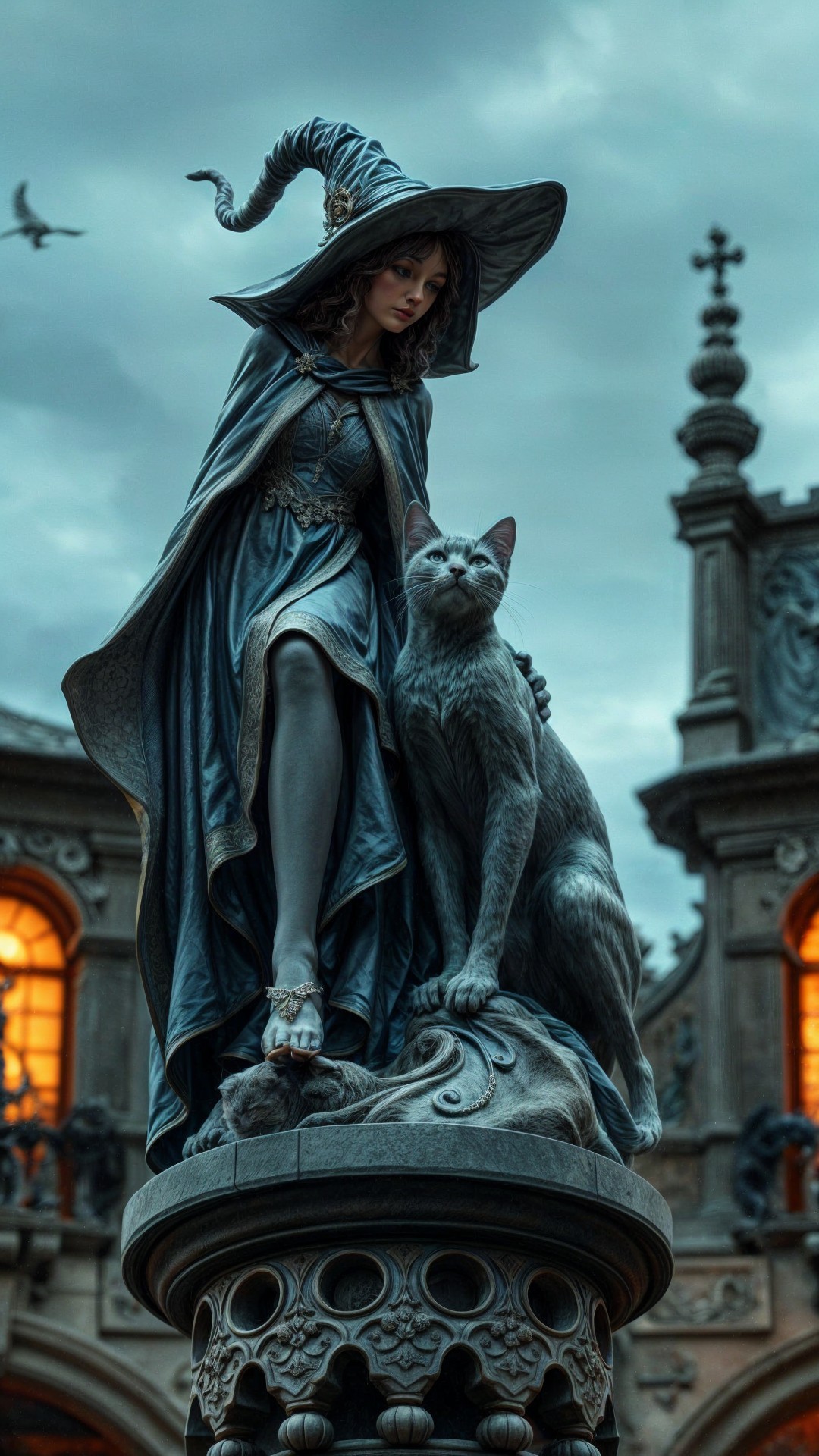 Mystical statue of a sorceress with a cat companion