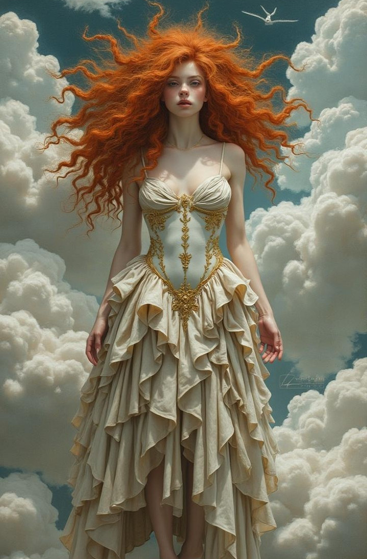 Figure in Flowing Dress Among Dreamlike Clouds