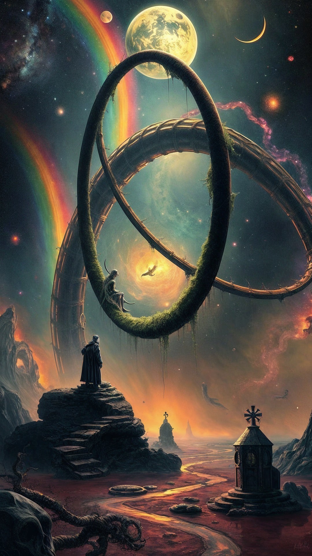 Mystical Figure in Surreal Cosmic Landscape