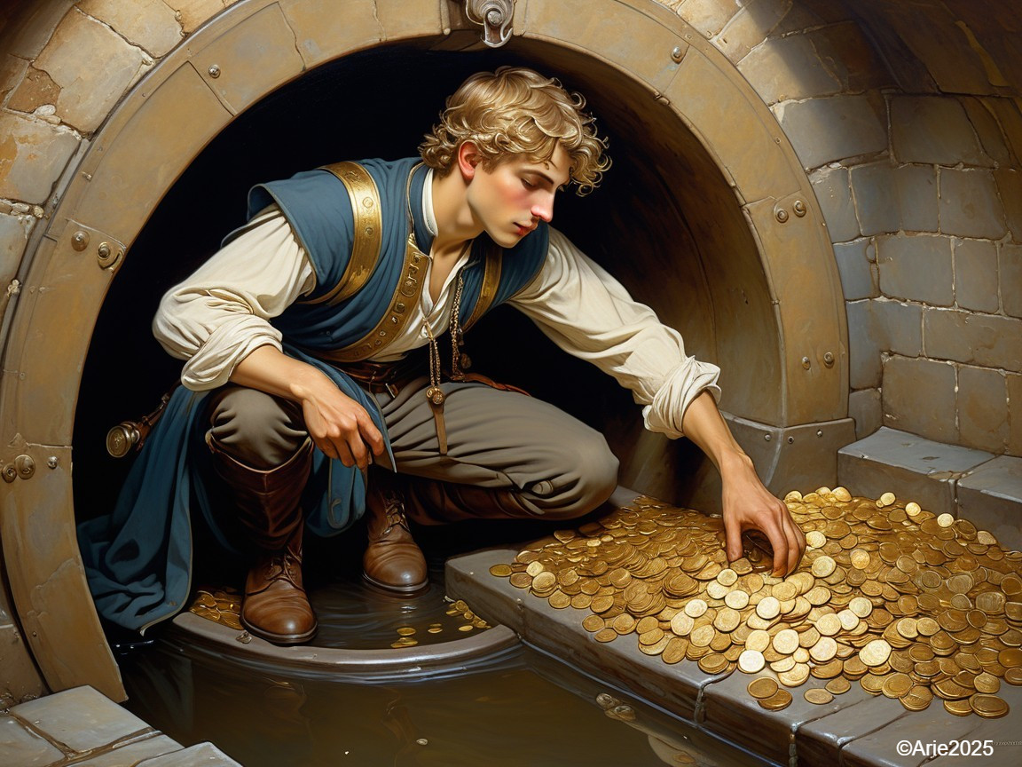 Young man in historical attire sifting gold coins underground