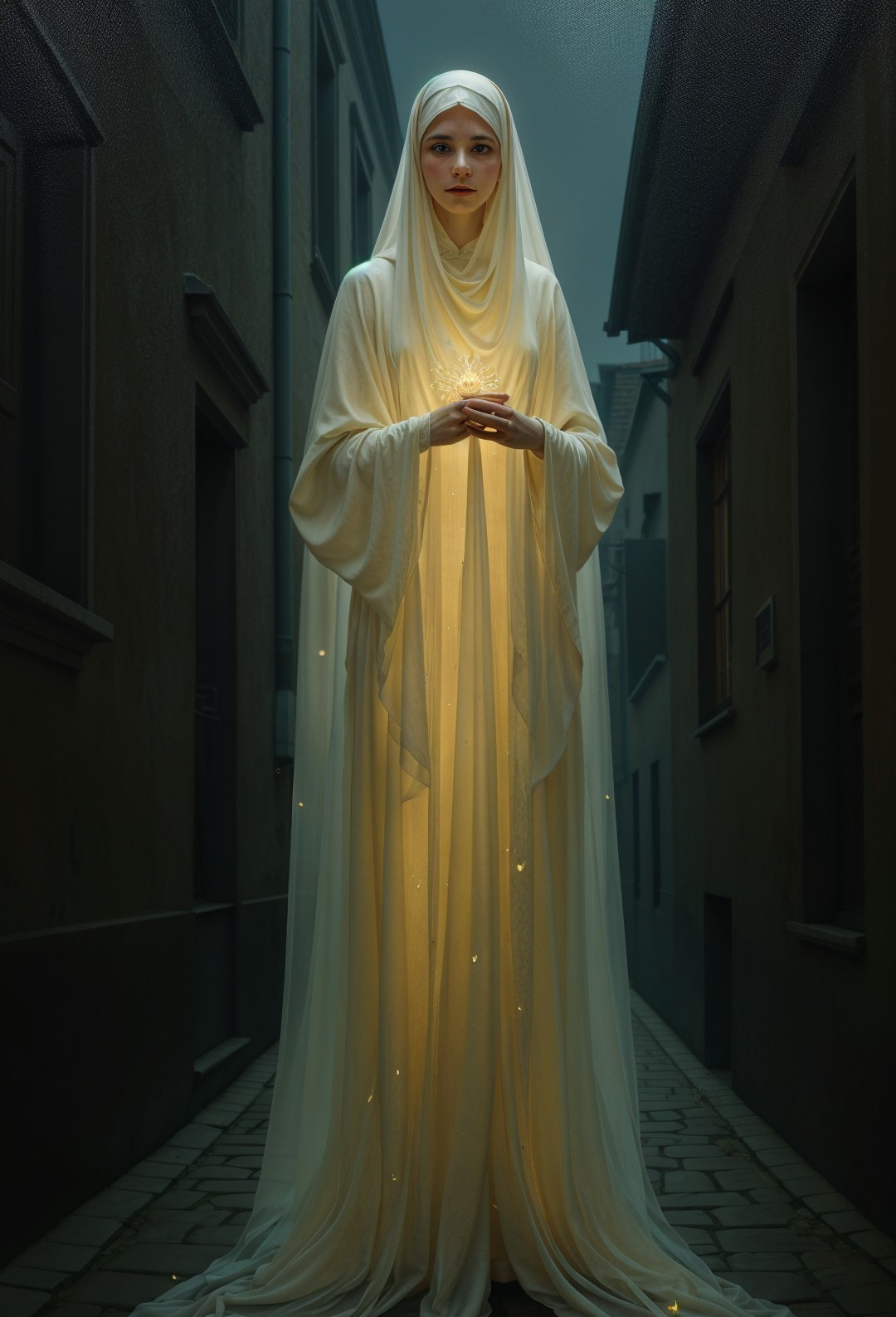 Serene figure in a shadowy alley with glowing garment