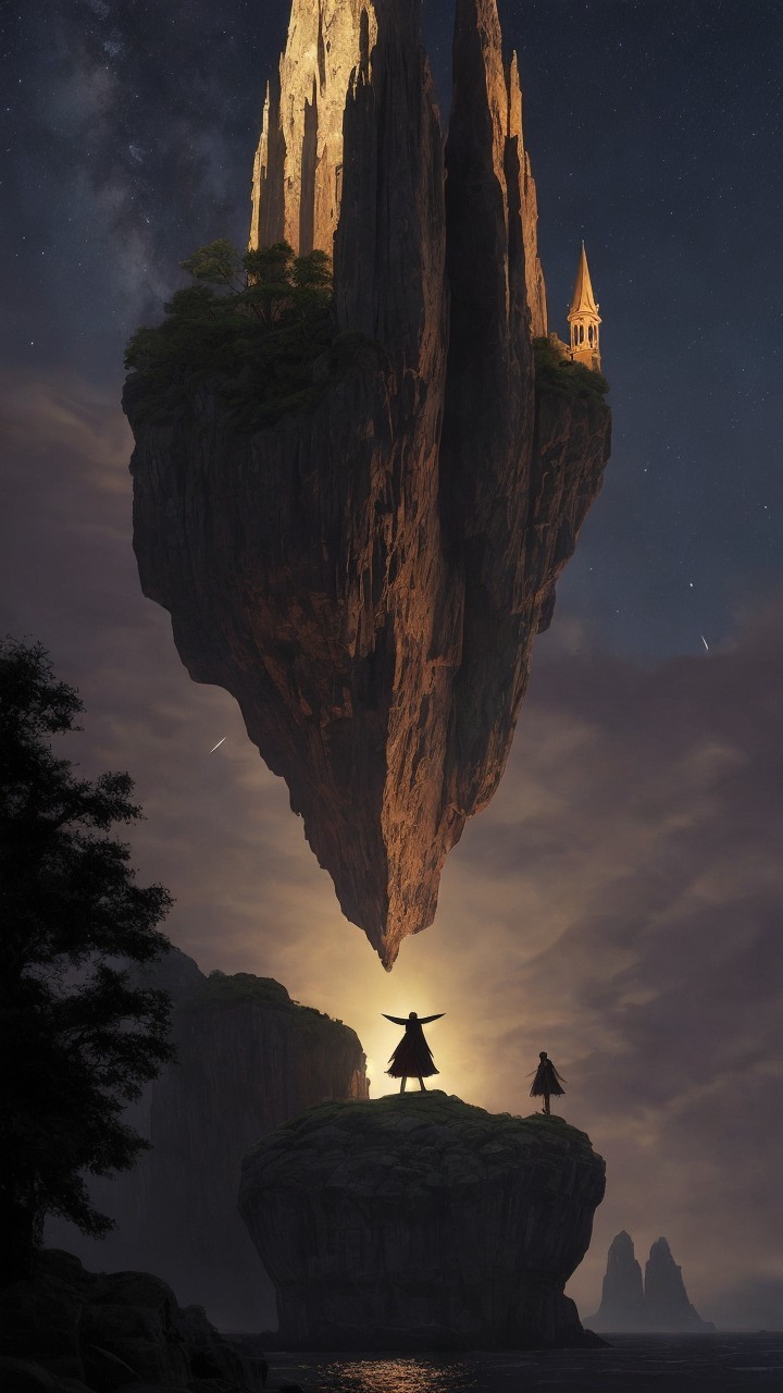 Floating Island with Castle Over Tranquil Water