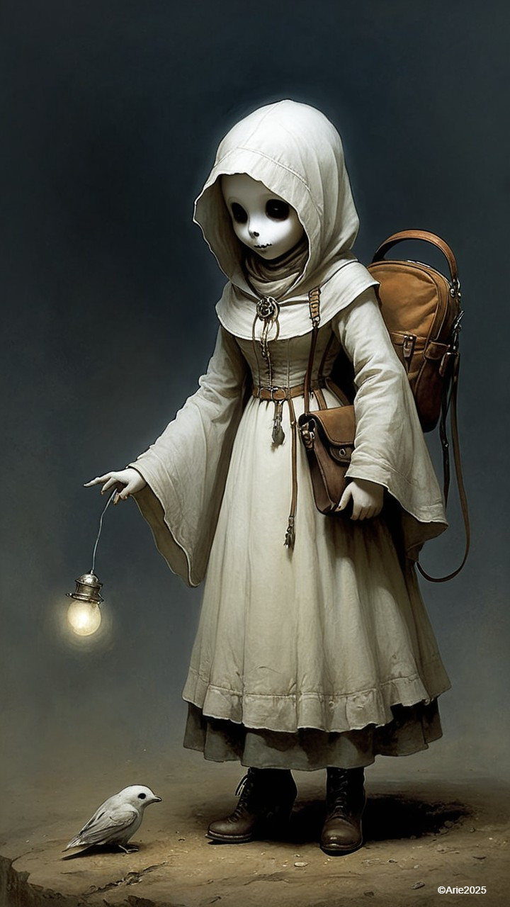 Mysterious Figure in White Garment with Glowing Orb