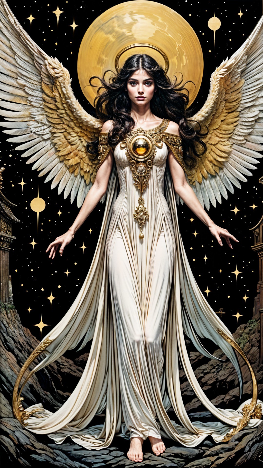 Celestial Figure with Wings in Starry Background