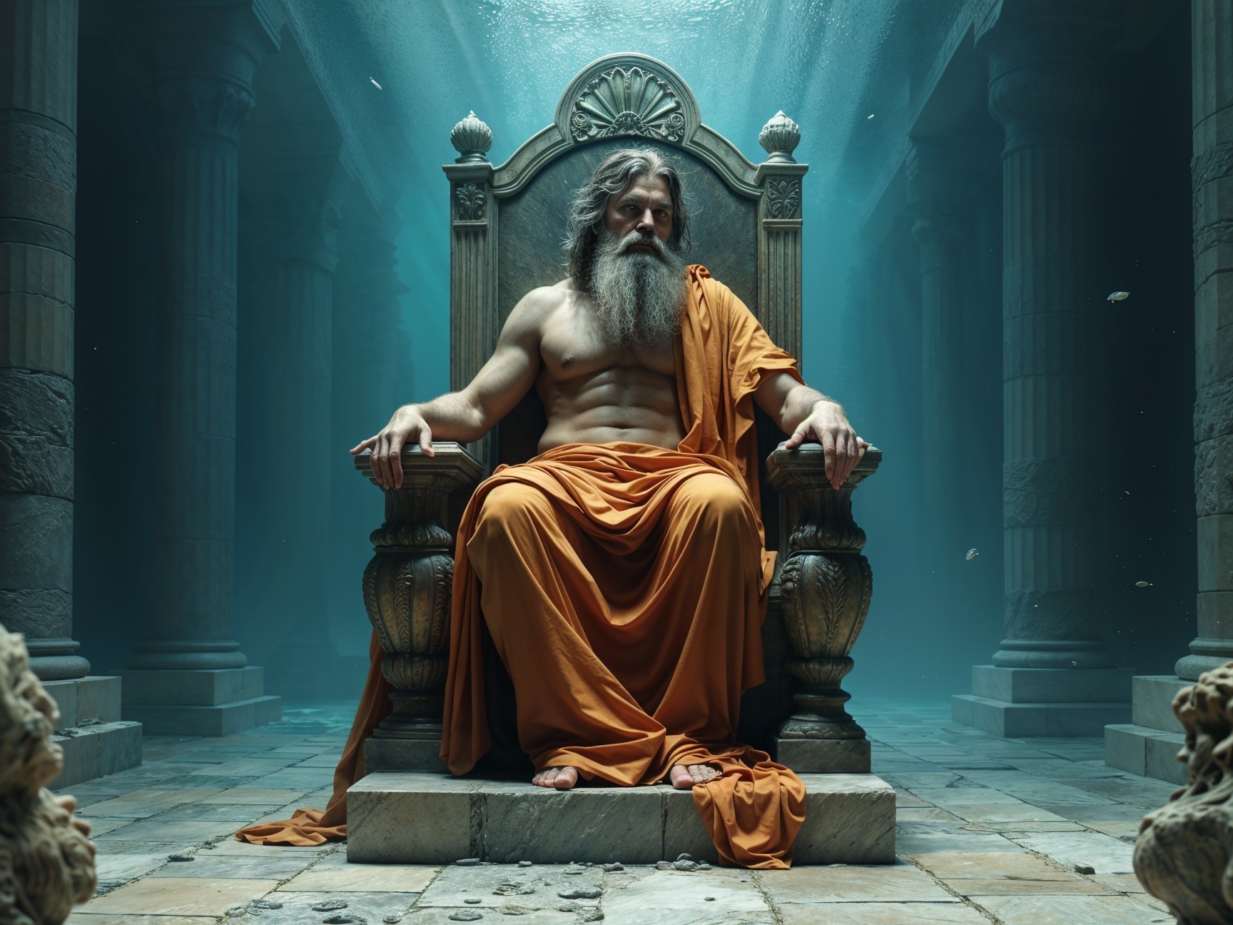 Ornate Throne Scene with Mystical Water Surroundings