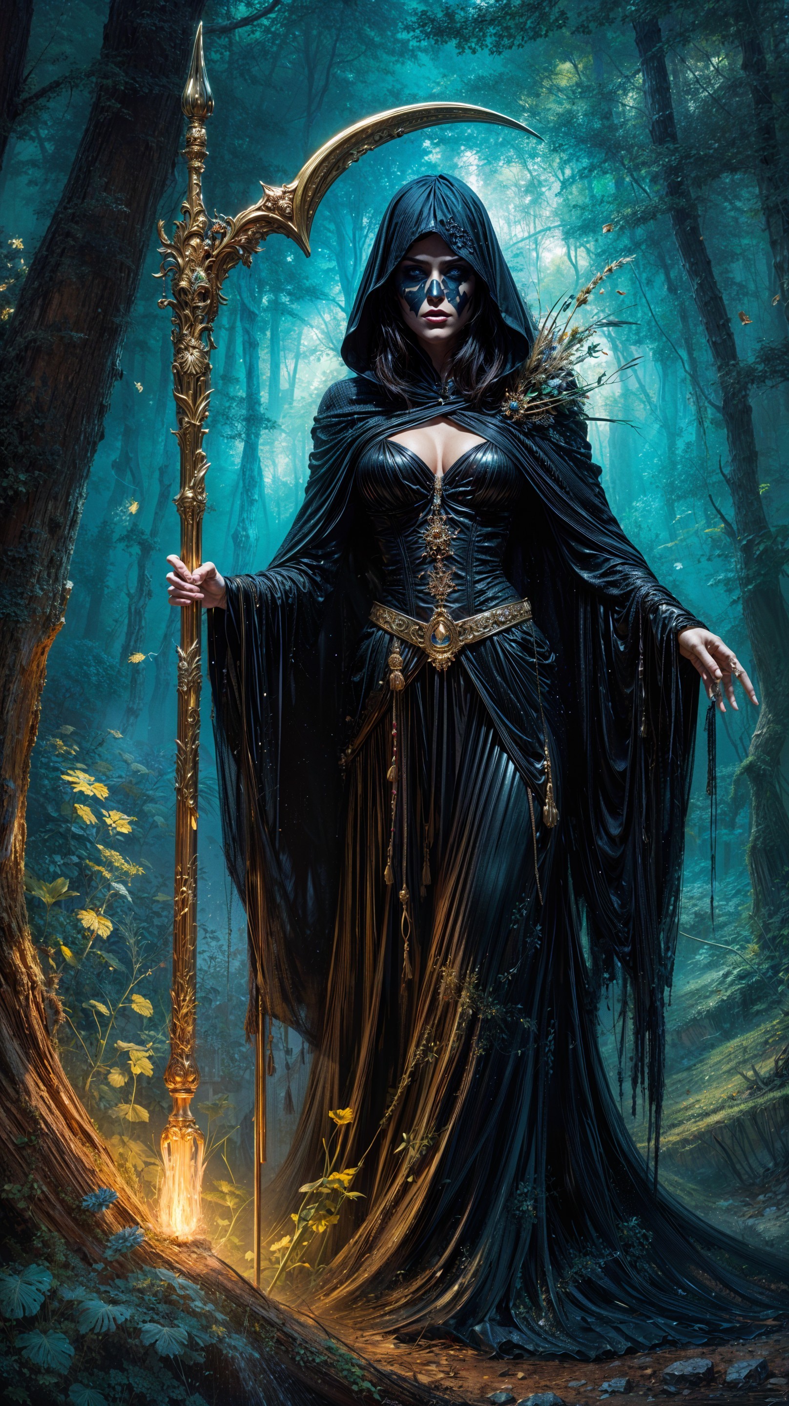 Cloaked Figure in Mystical Forest with Golden Scythe