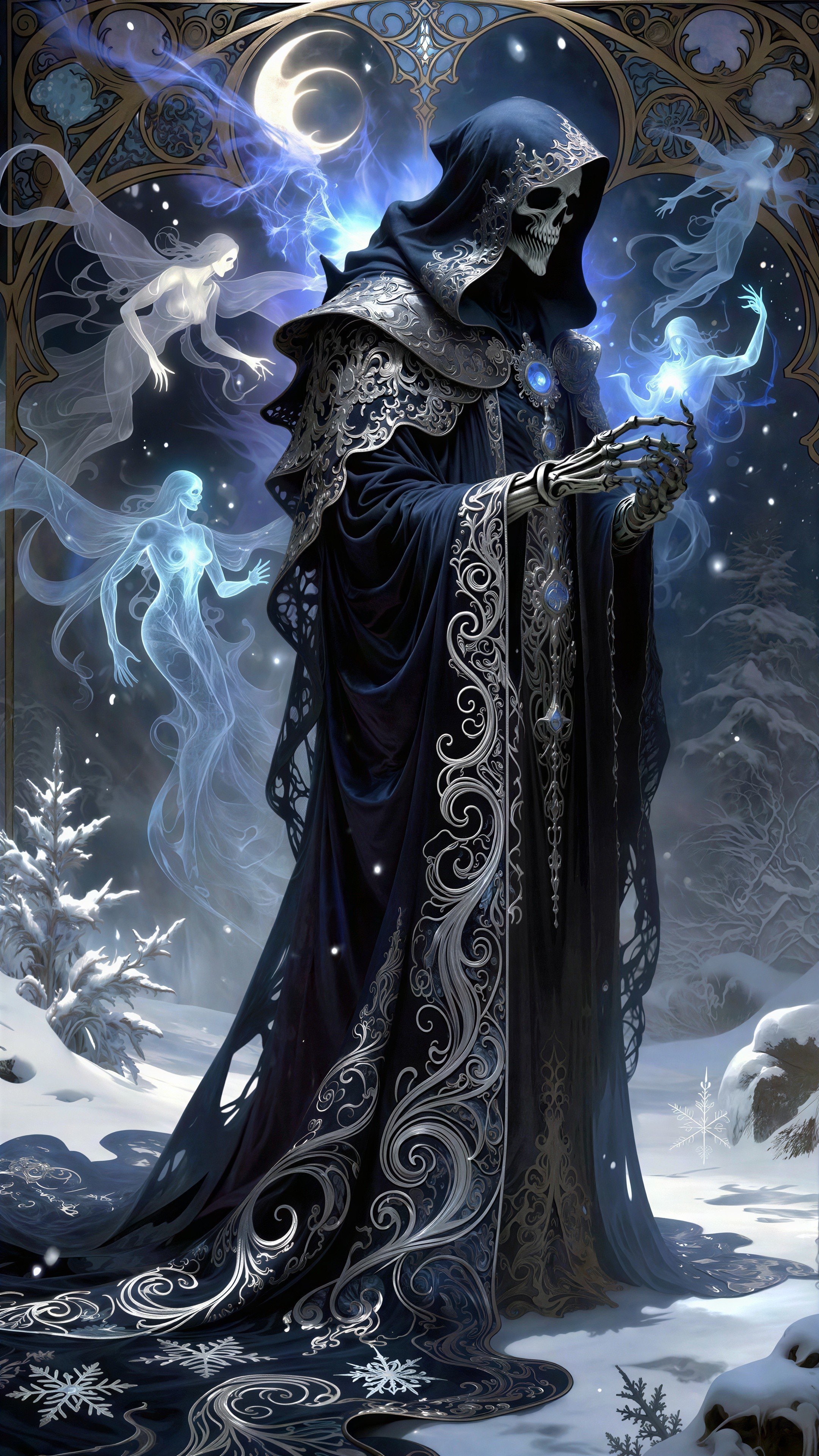 Dark Fantasy Artwork of Death in a Snowy Forest