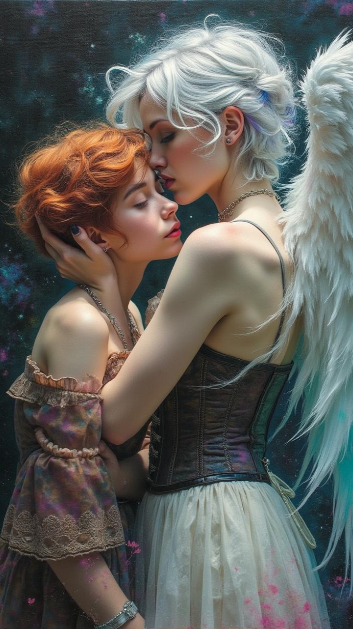Tender Moment Between Two Figures in Celestial Setting
