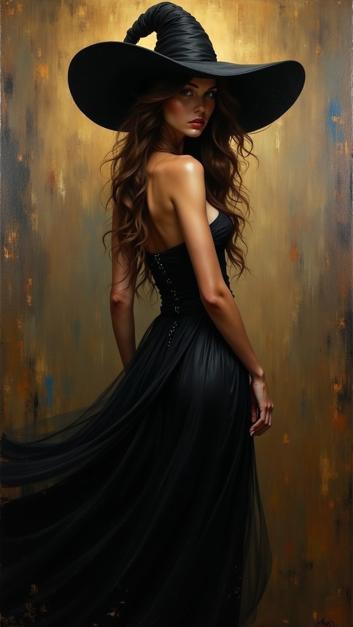 Elegant figure in black gown with witch's hat
