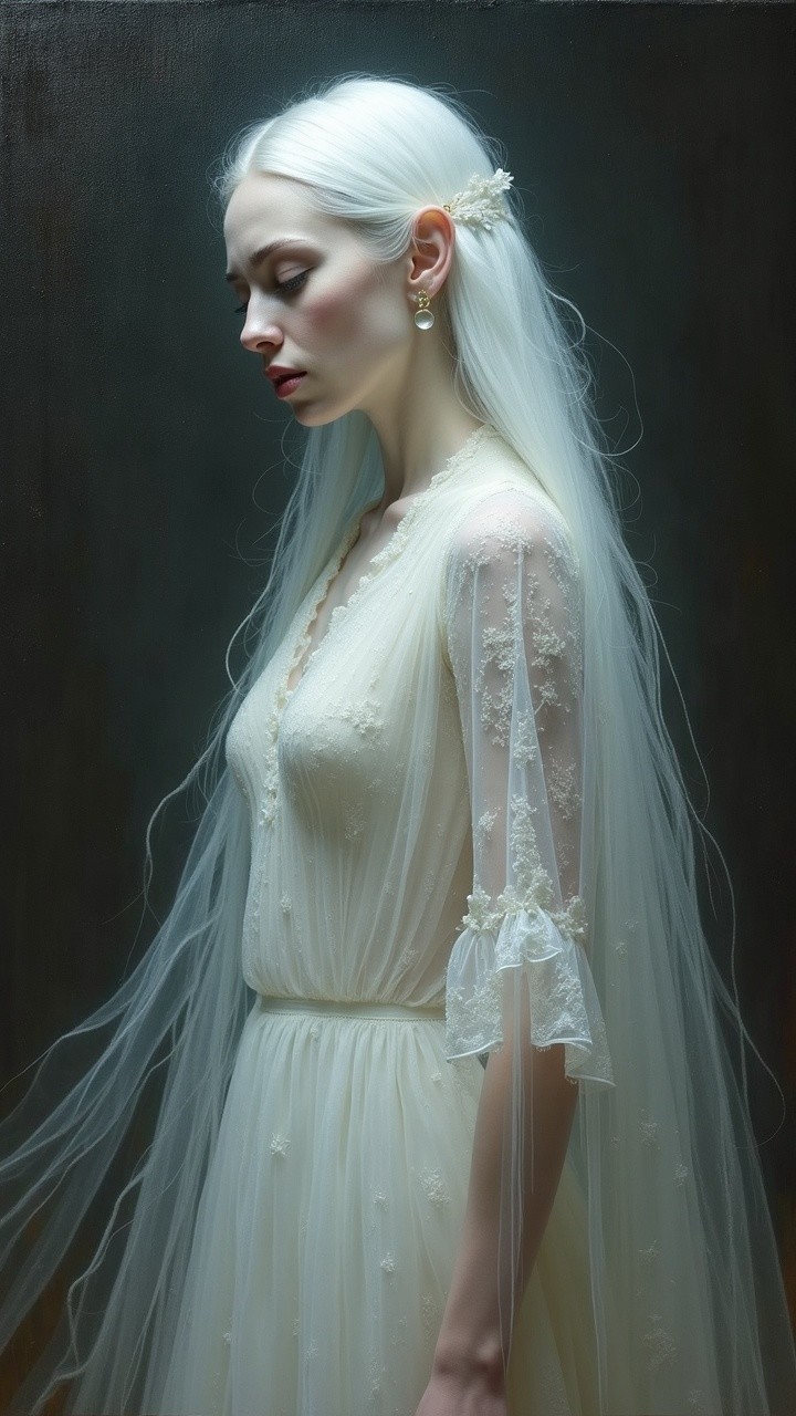 Serene figure in ethereal gown with lace details