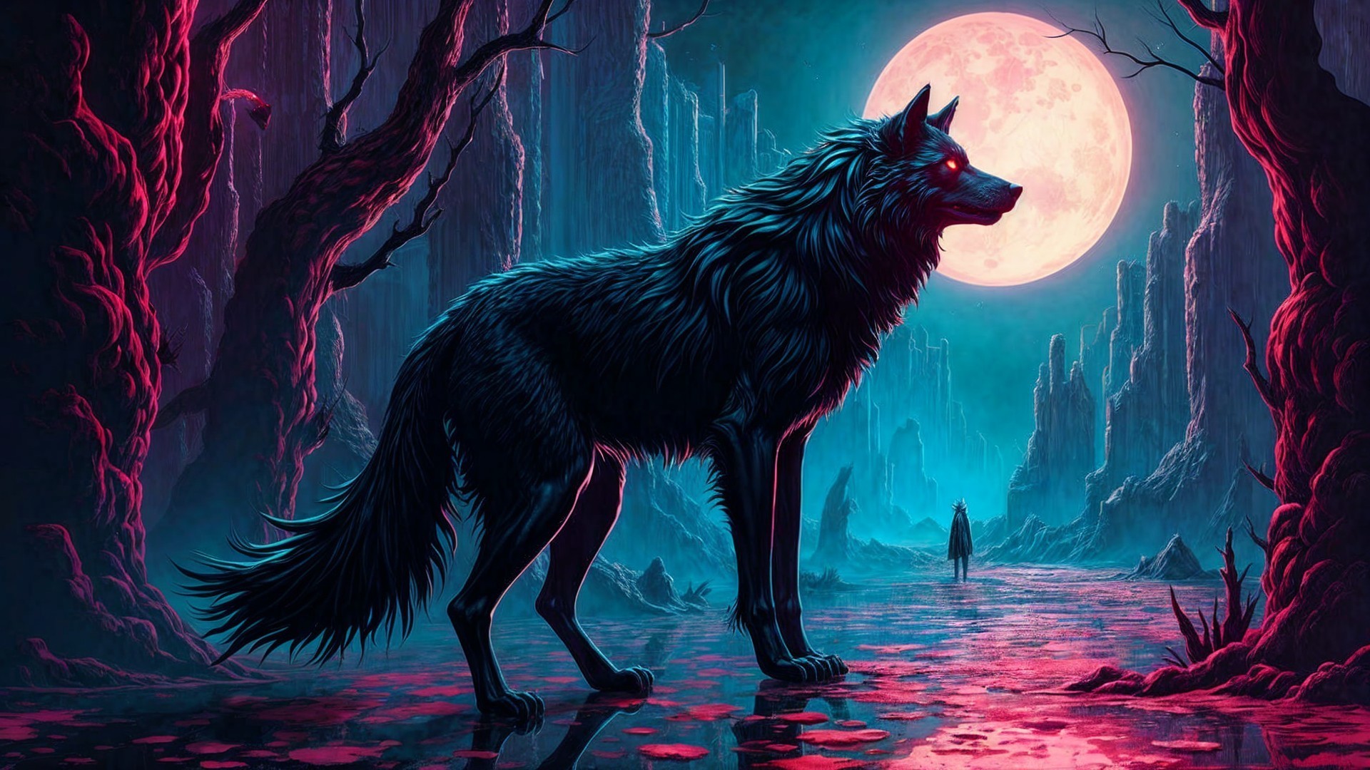 Surreal Landscape with Majestic Black Wolf and Moon