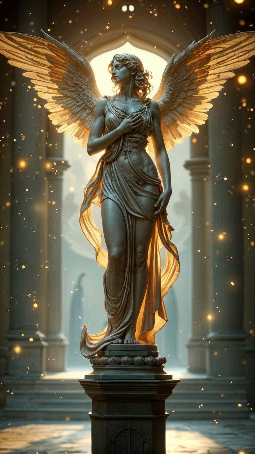 Majestic Angel Statue with Ethereal Glow and Serenity