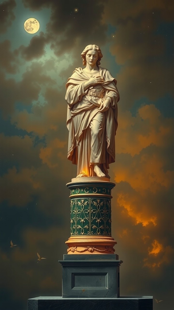 Elegant statue of a young woman under moonlight