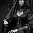Skeletal Figure in Ornate Black Robe with Gothic Backdrop