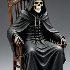Skeletal Figure in Cloak Sitting in Ornate Chair