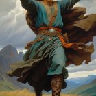 Heroic figure on grassy hill with dramatic sky