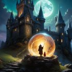 Mystical castle and wizard under a starry night sky