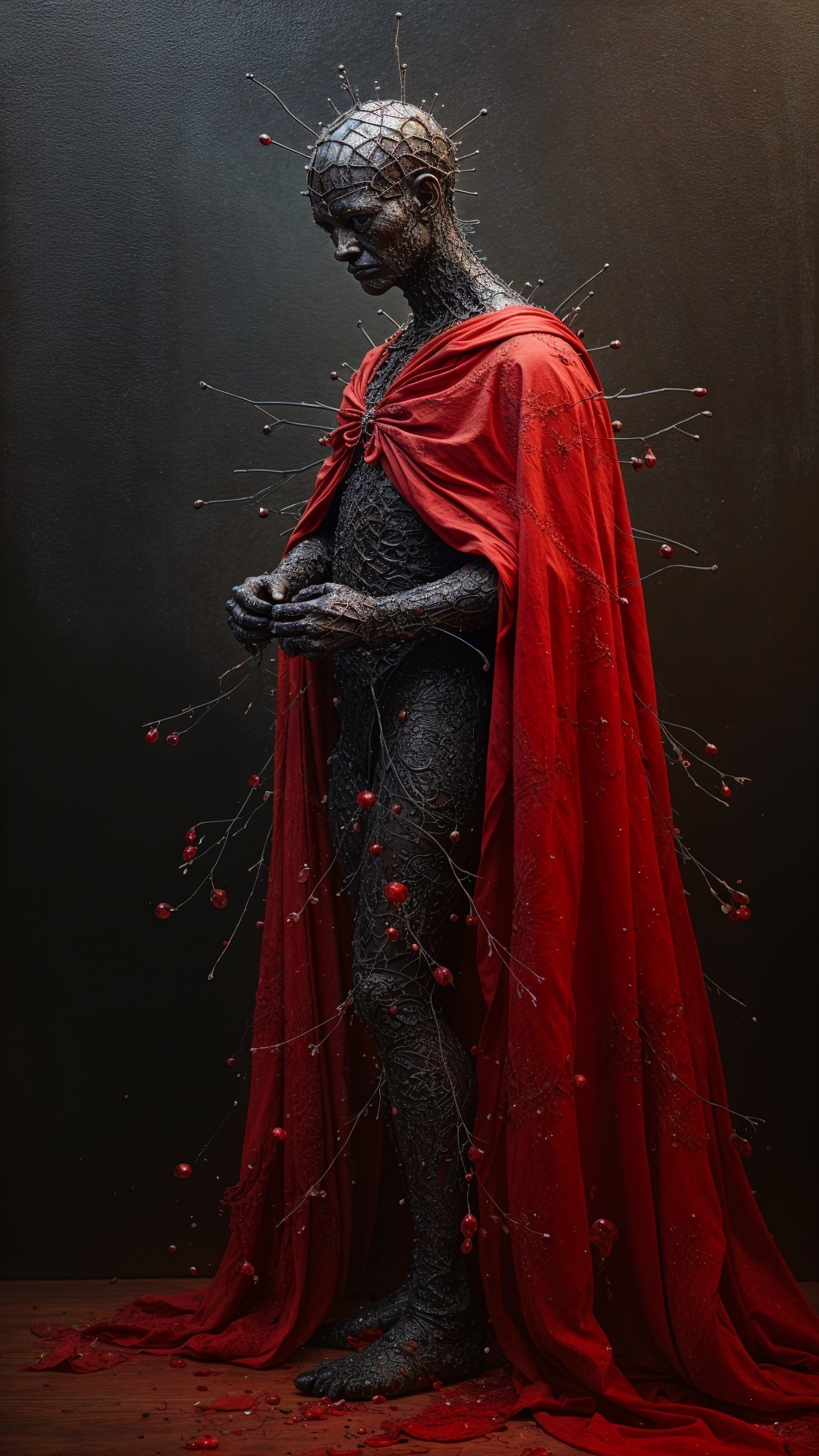 Textured Figure with Red Cloak and Dark Backdrop
