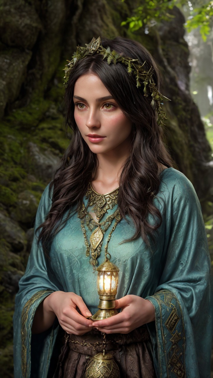 Young woman in teal garment in mystical forest setting