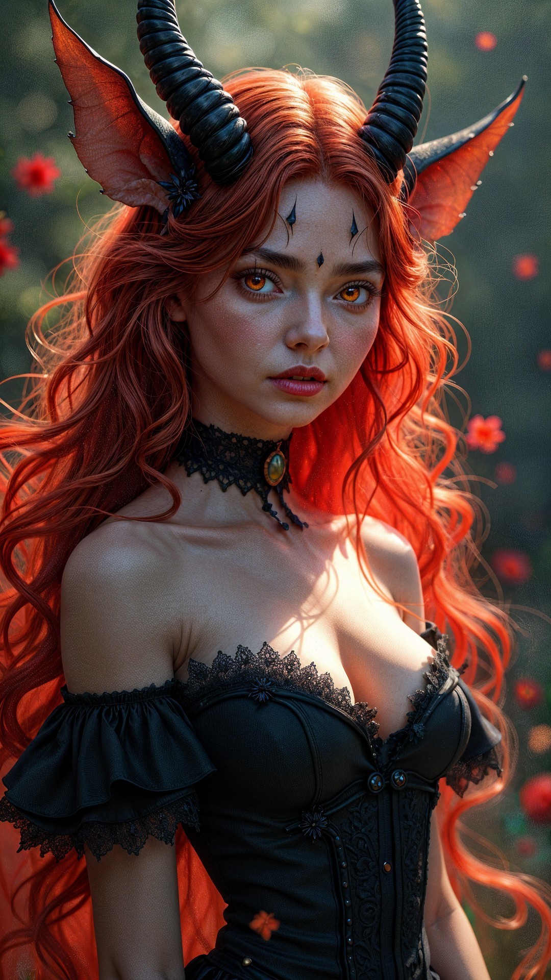Vibrant Red-Haired Figure with Horns and Flowers