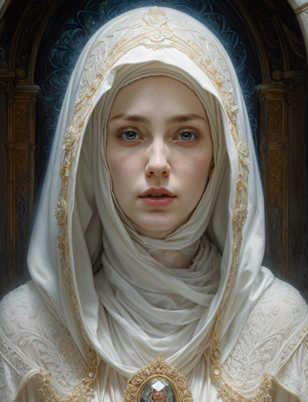 Young Woman in Flowing White Garment with Veil