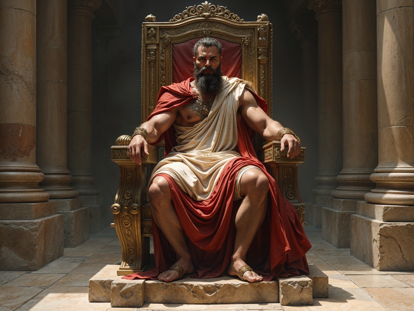Regal figure on ornate throne in grand architecture