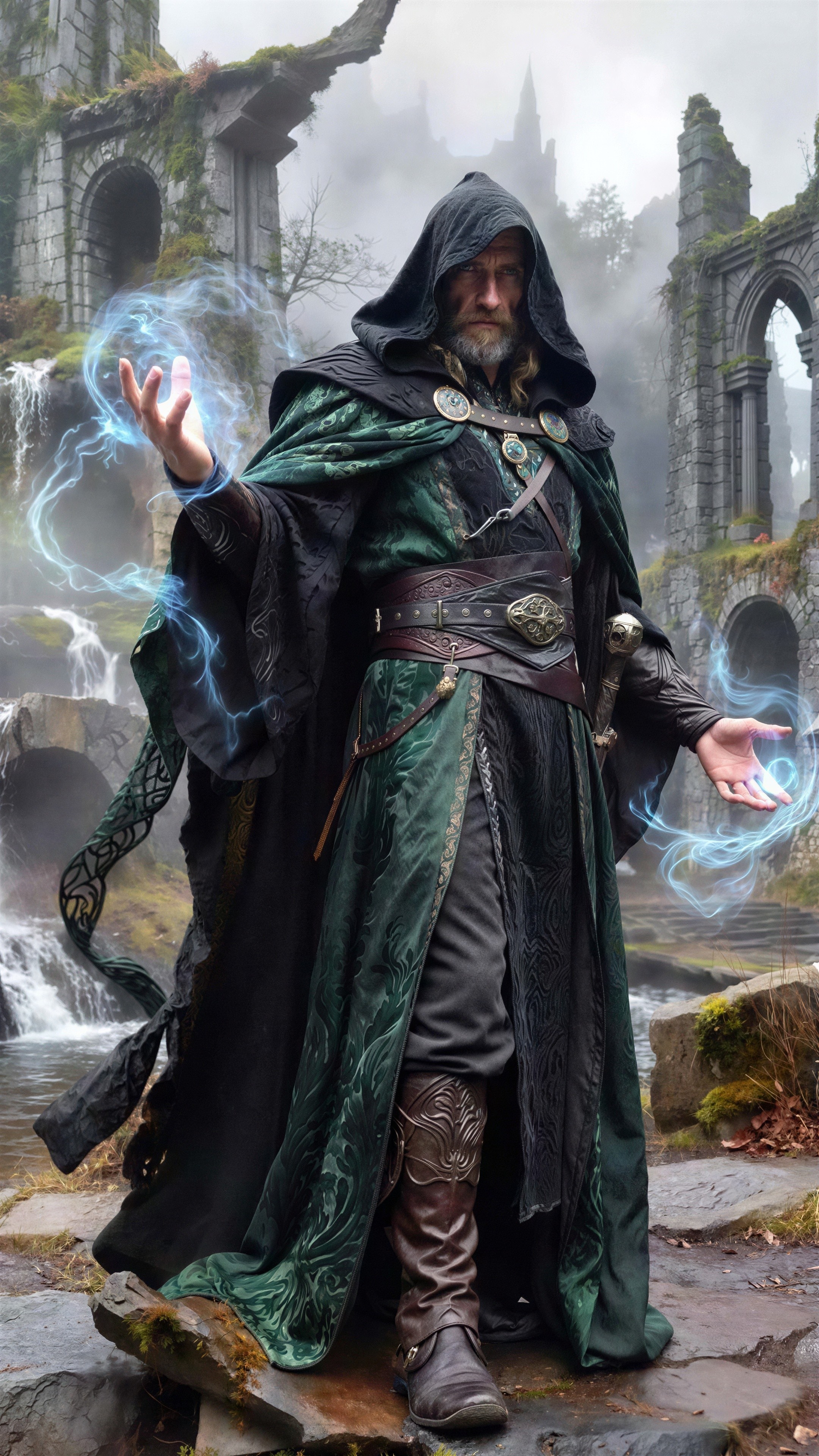 Old wizard casting magic near a moss-covered castle