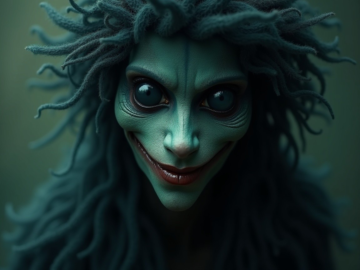 Whimsical Haunting Figure with Green Skin and Vines