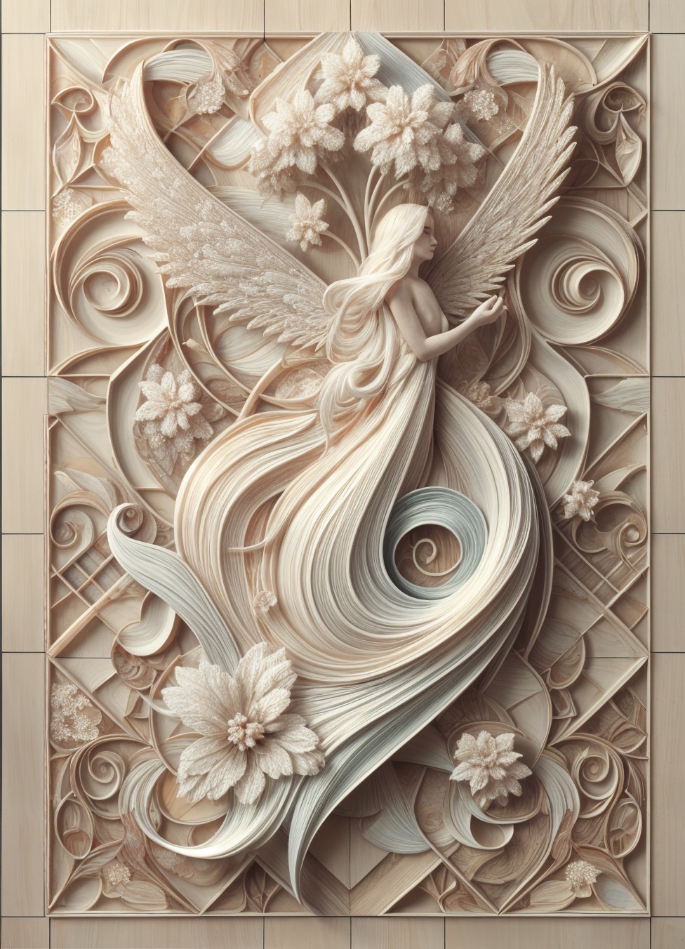 Intricately Carved Wooden Relief of an Angel Figure