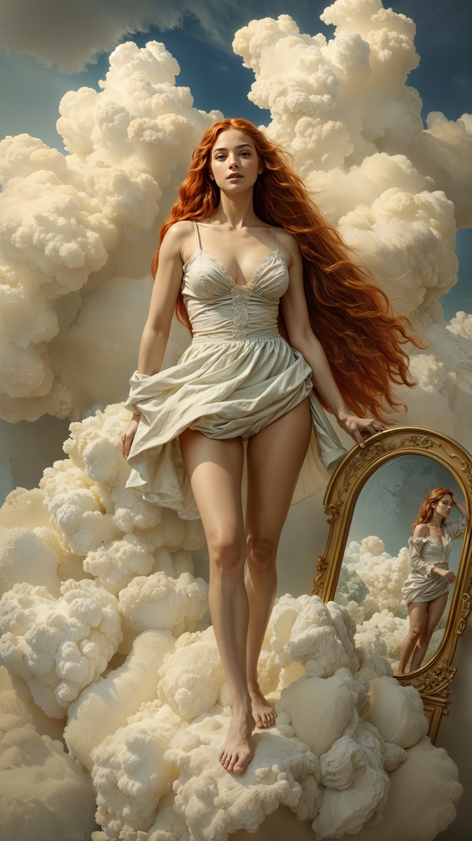 Ethereal figure on clouds with vintage mirror reflection