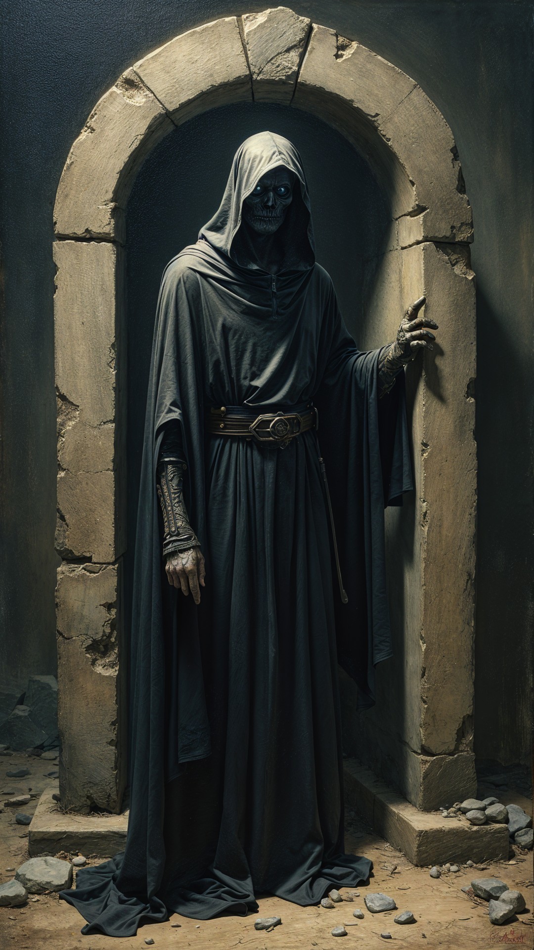 Sinister Figure in Dimly Lit Ancient Archway