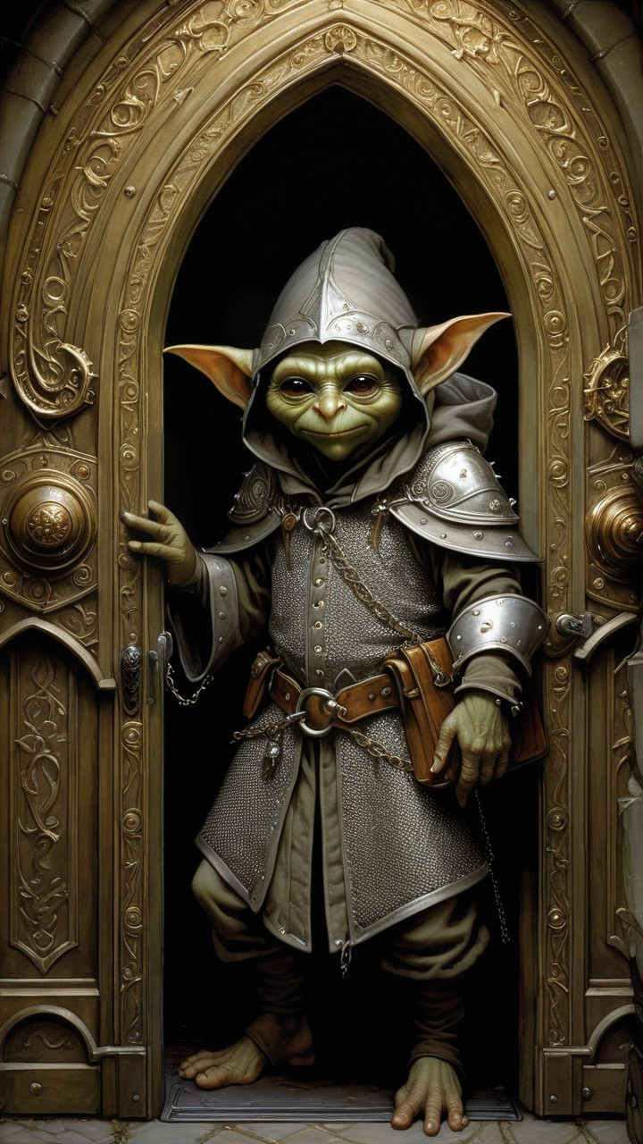 Whimsical Character in Ornate Doorway with Armor