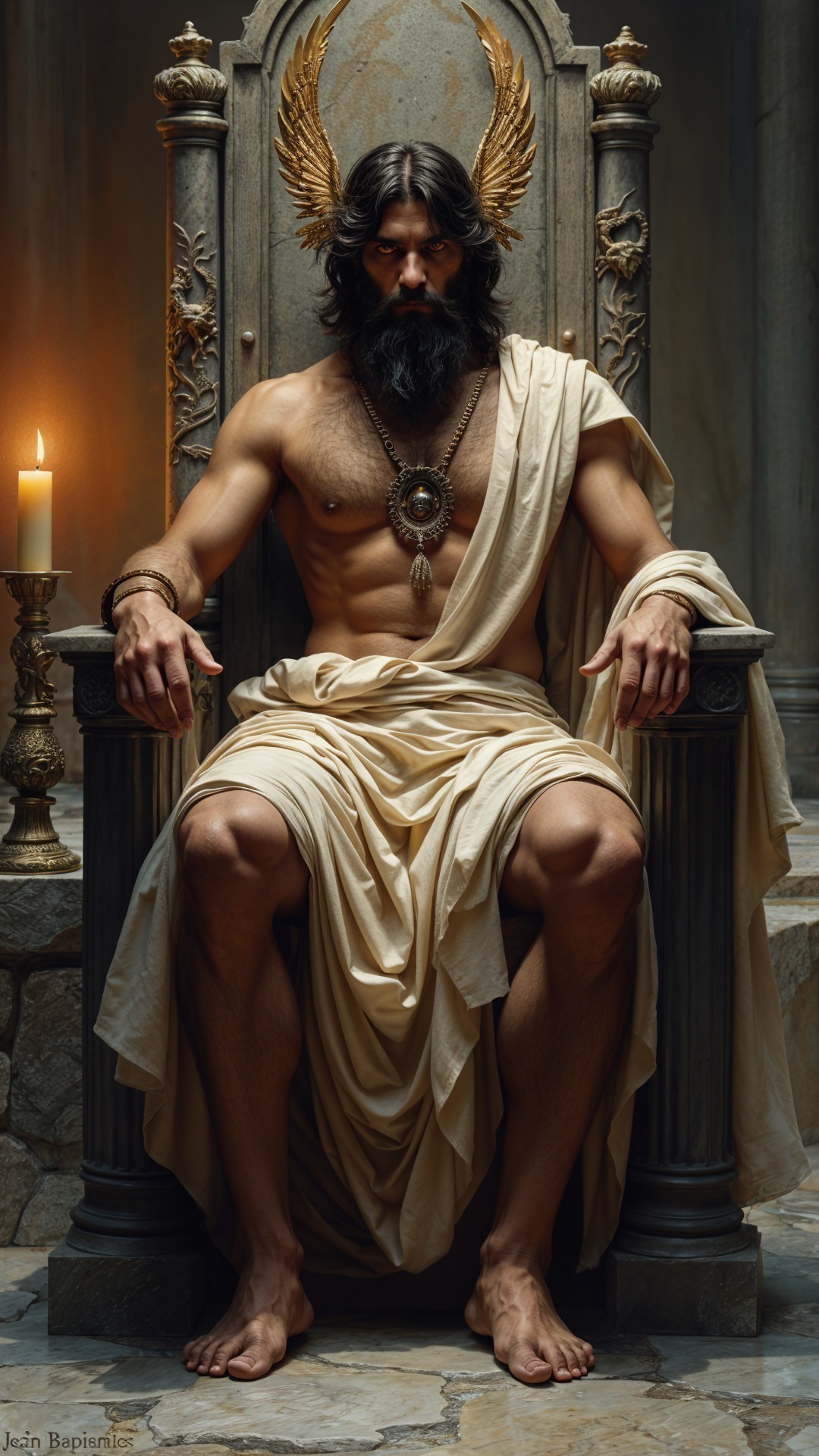 Majestic Figure on Grand Throne with Candlelight Glow
