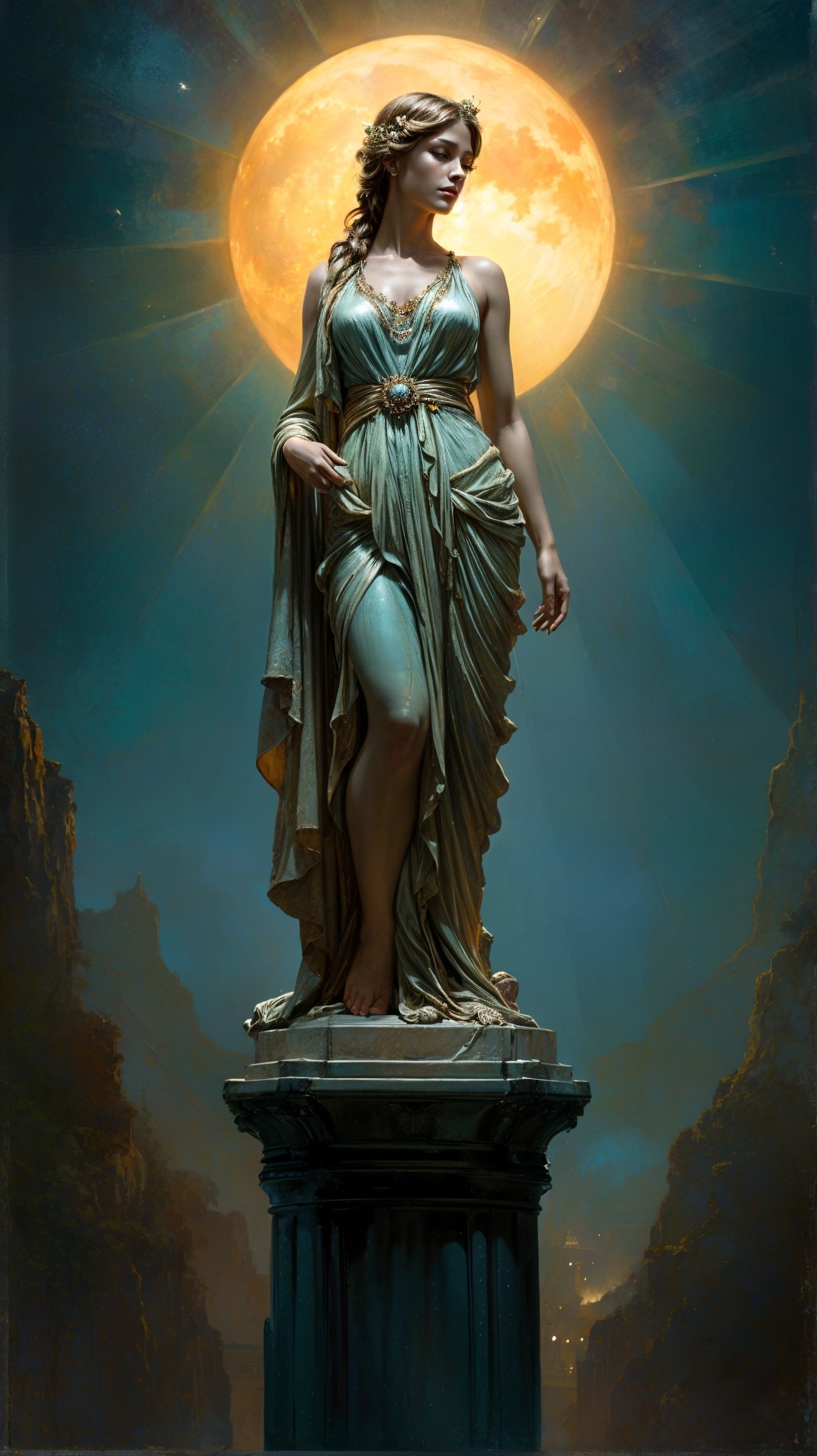 Majestic female figure on pedestal with moonlit backdrop