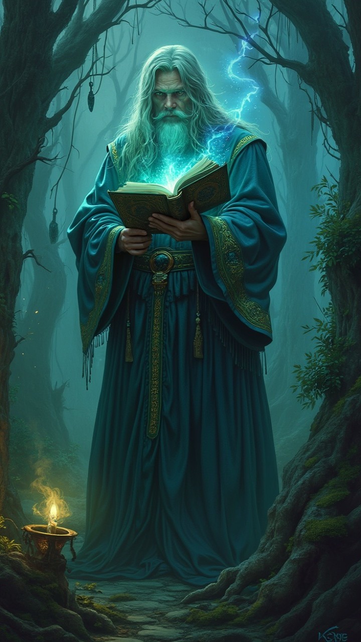 Wizard in Mystical Forest with Ancient Book and Magic