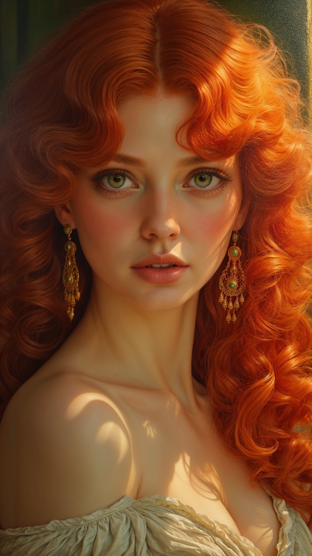 Portrait of a young woman with red curls and green eyes