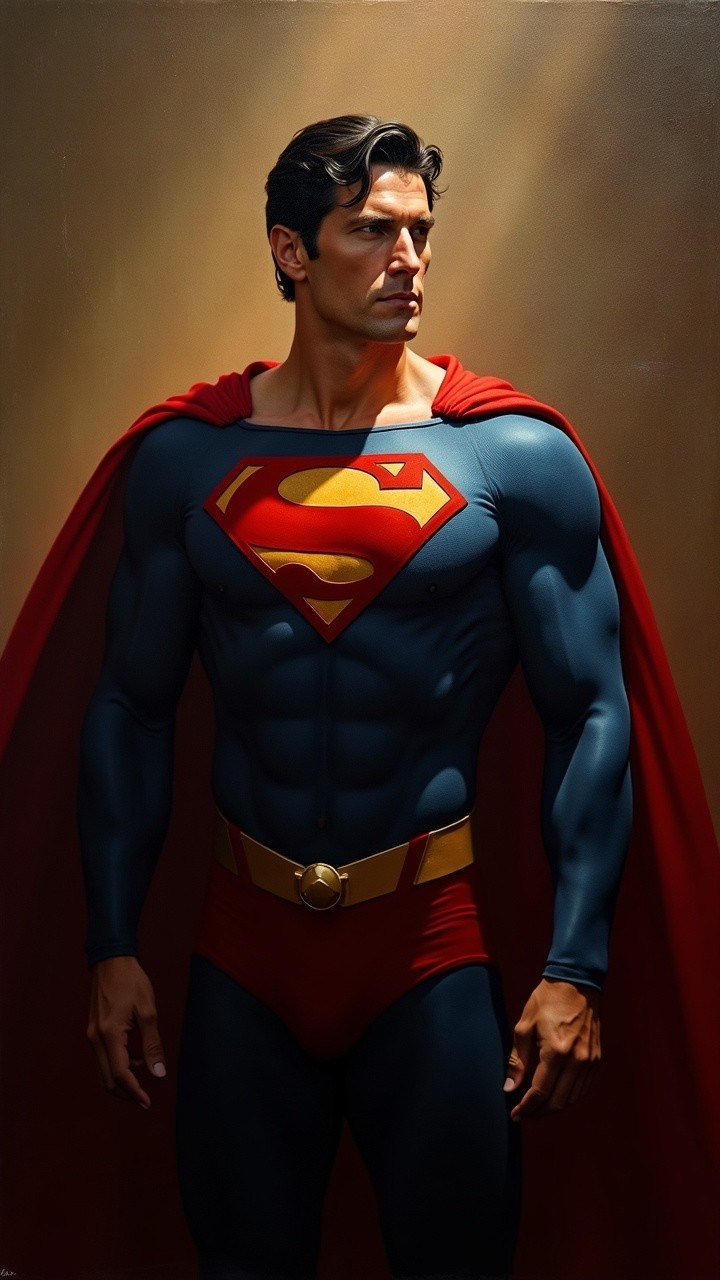 Heroic figure in blue and red costume with cape