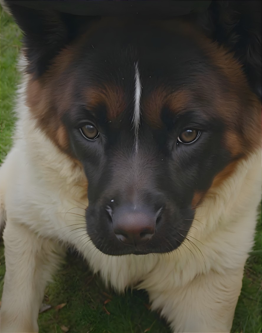 Close-up portrait of a bi-color dog on grass