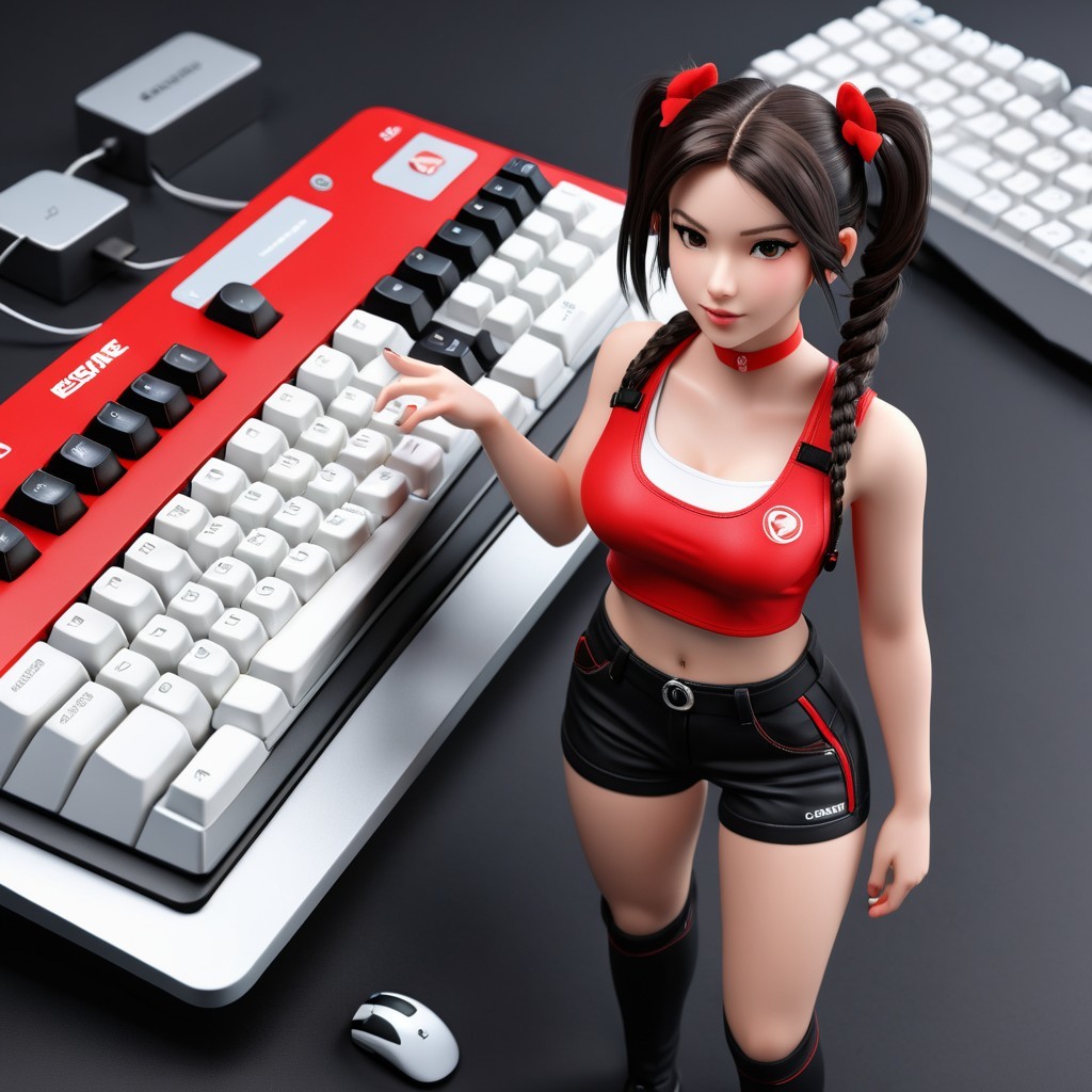 Stylized Character with Modern Keyboard in Tech Scene
