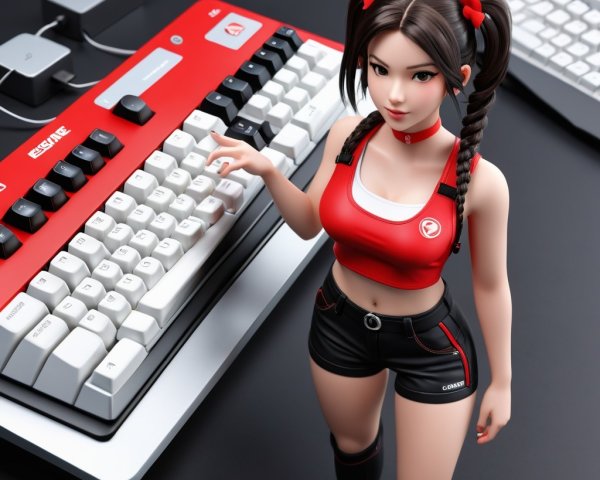 Stylized Character with Modern Keyboard in Tech Scene