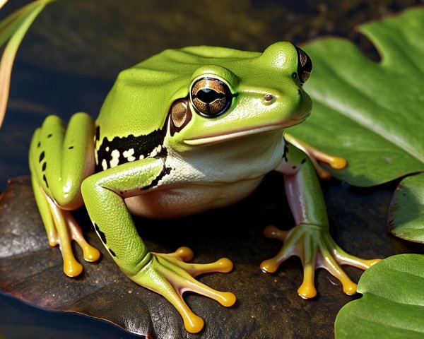 Vibrant Green Frog on Lily Pad in Serene Pond