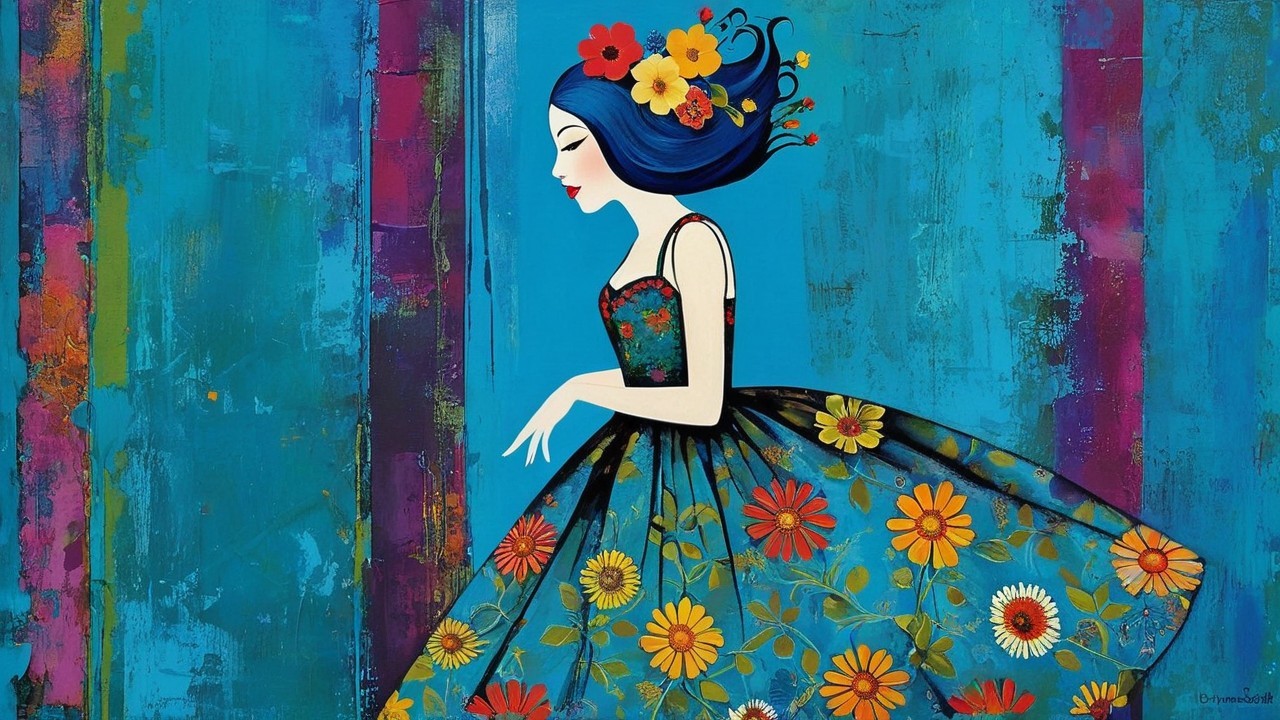 Vibrant illustration of a woman with blue hair and flowers