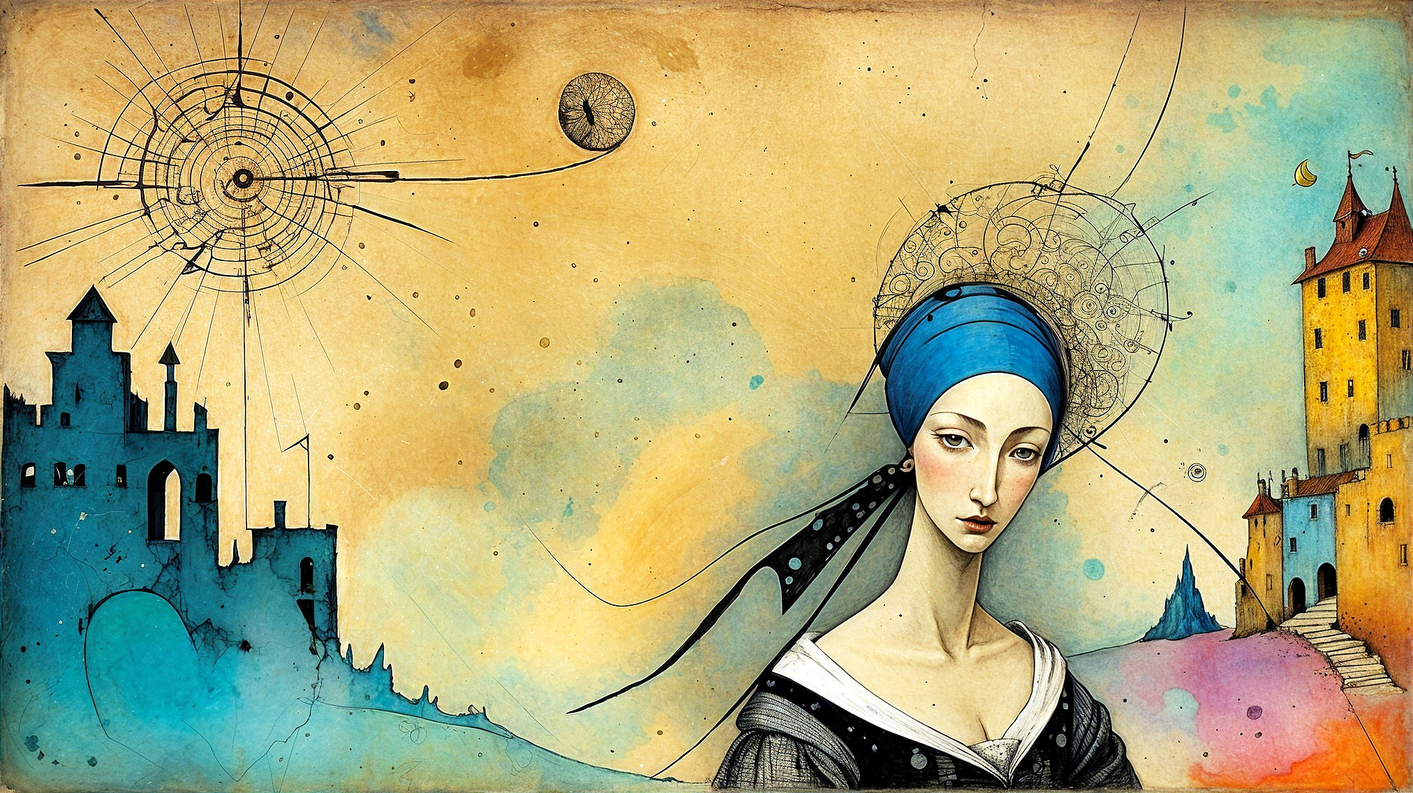 Serene Woman with Blue Headscarf and Whimsical Castle