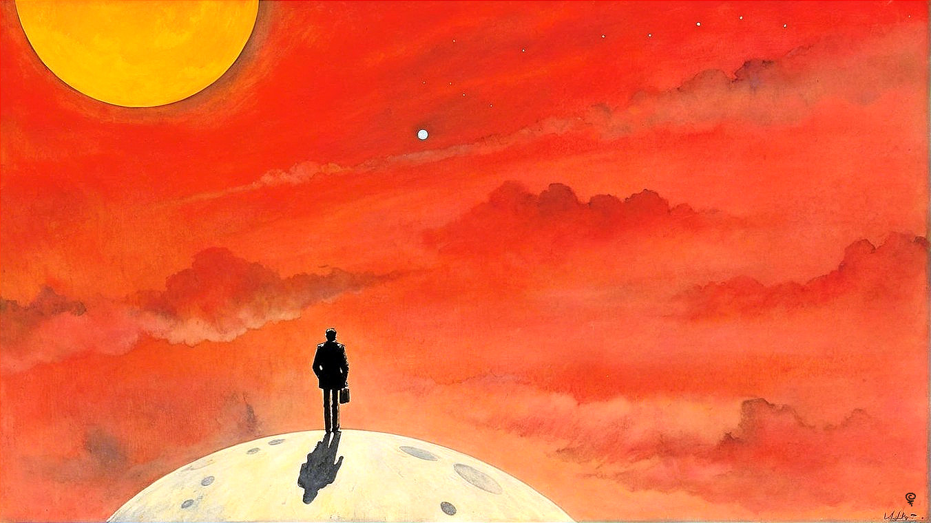 Solitary Figure on Moon-like Surface with Vibrant Sky