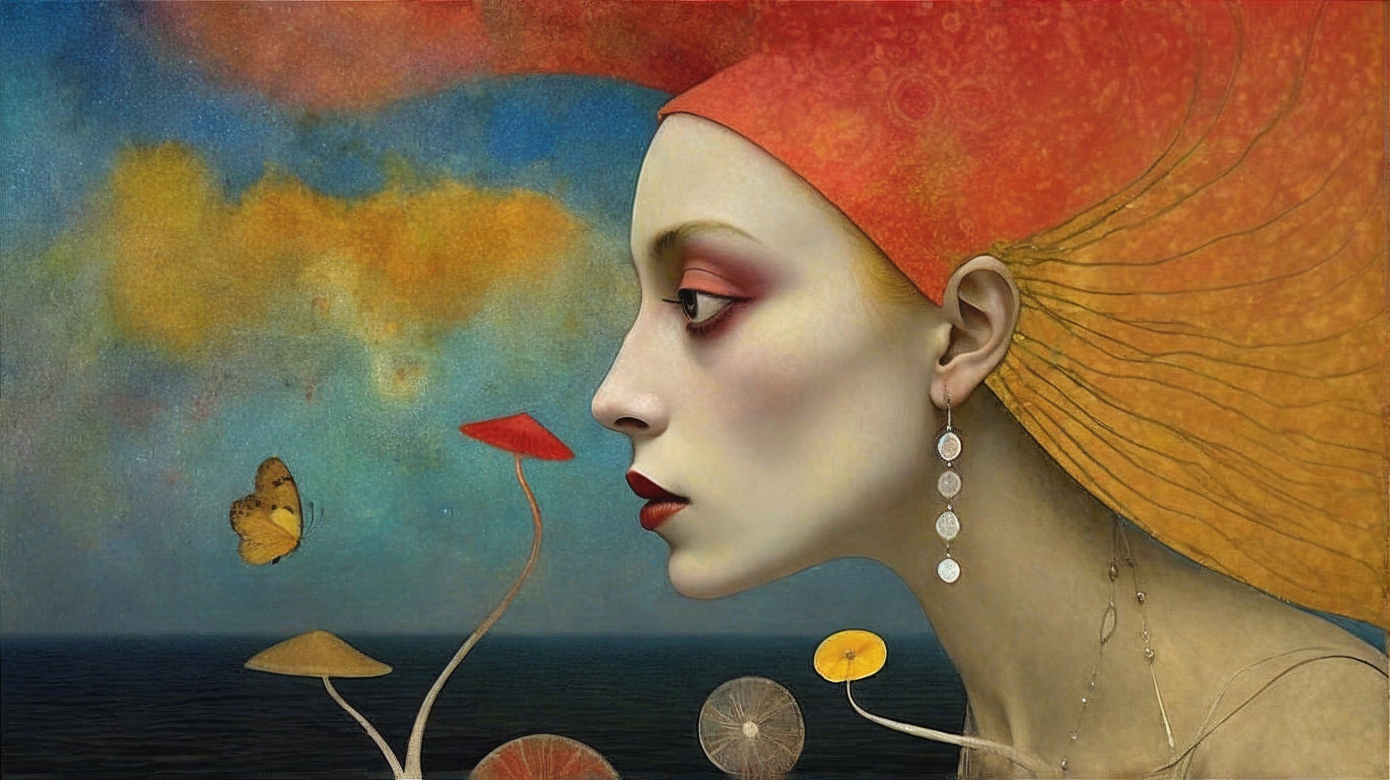 Surreal Painting of Woman, Butterflies, and Mushrooms