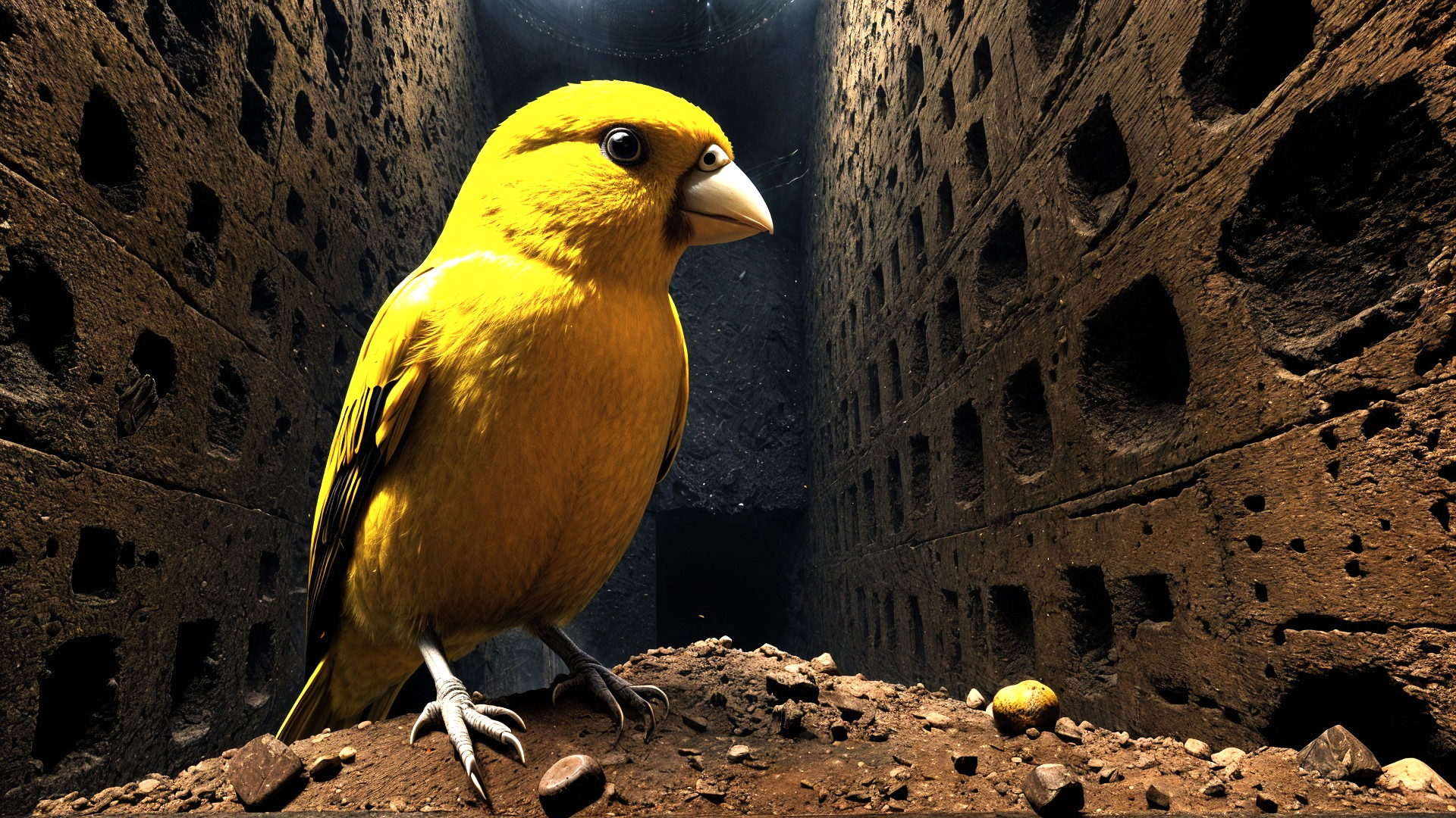 Vibrant Yellow Bird in Dimly Lit Cavern Setting