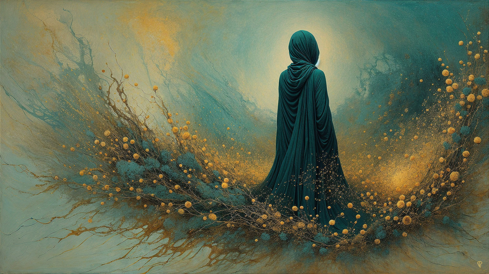 Teal Cloak Against Abstract Swirls and Golden Orbs
