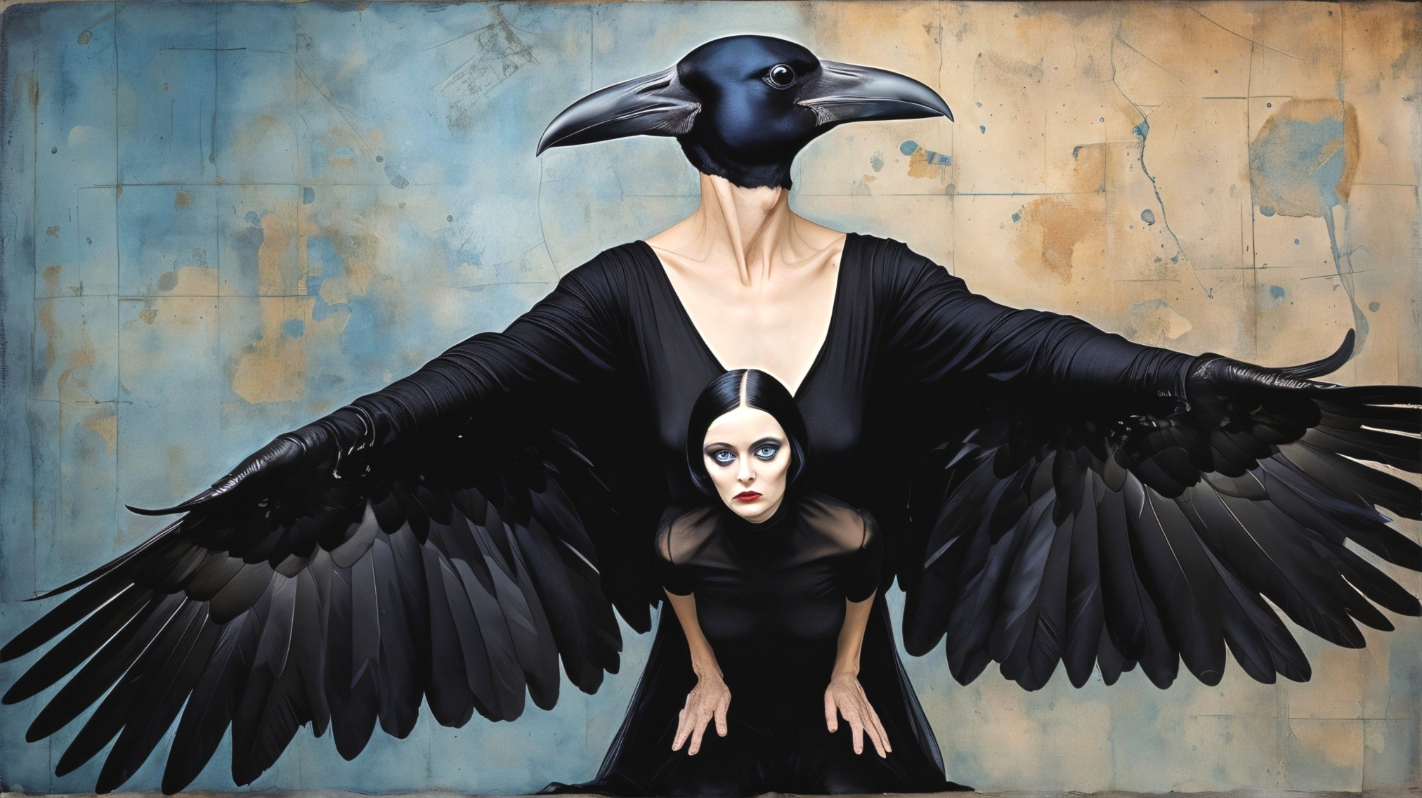 Raven-headed figure with wings against blue wall