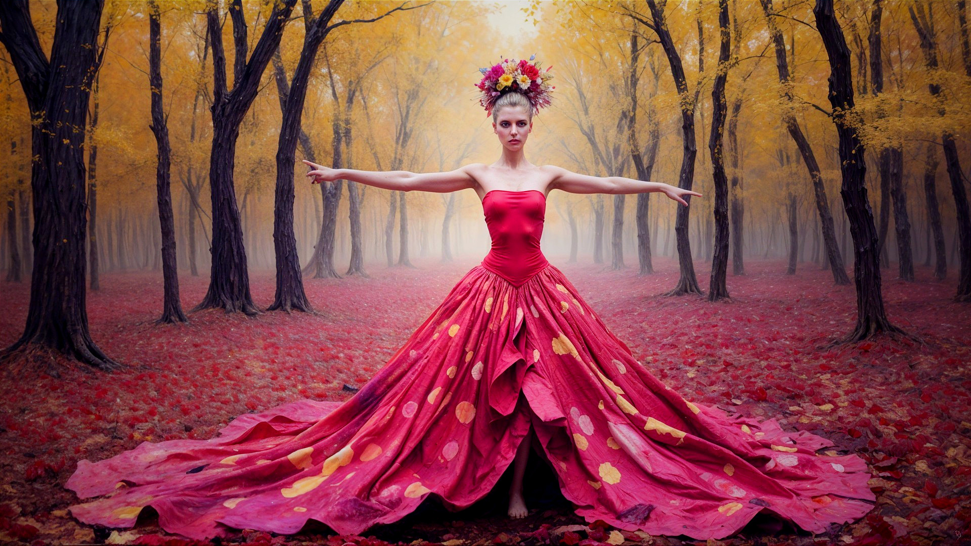 Model in Red Gown Amidst Autumn Forest Setting